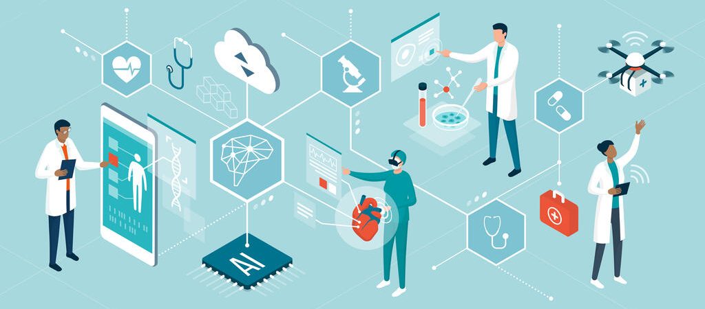 Doctors and researchers using innovative technologies for medicine and healthcare: artificial intelligence, virtual reality, drones, stem cells and digital organs